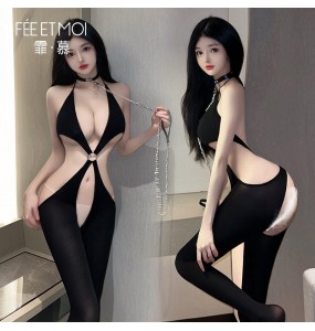 FEE ET MOI - Sexy Hollow Bodystocking With Leash (Black)